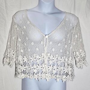 vintage 90s 2000s white plus size crochet cropped short sleeve cardigan